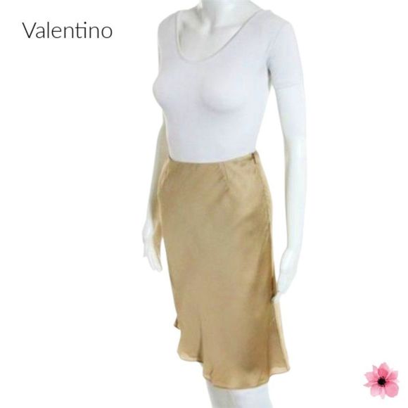 Valentino Beige Gold Silk Zip Knee Length Pencil Trumpet Skirt Size IT 38 - Picture 1 of 8